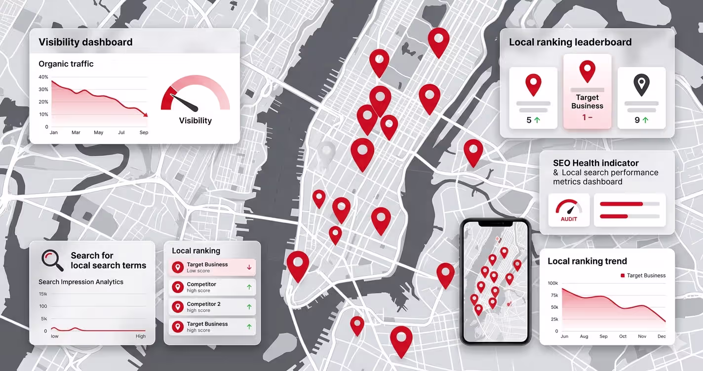 Local SEO analytics dashboard showing Google Maps ranking performance, business visibility metrics, location pins, and search optimization indicators for NYC businesses.